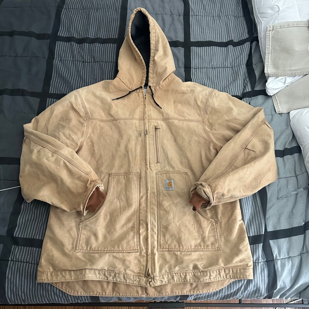 Vtg Carhartt Men's Sandstone Duck Hooded Work Jacket 2xl Tall C68
